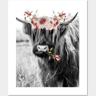 Highland Cow Portait with Watercolor Flowers Posters and Art